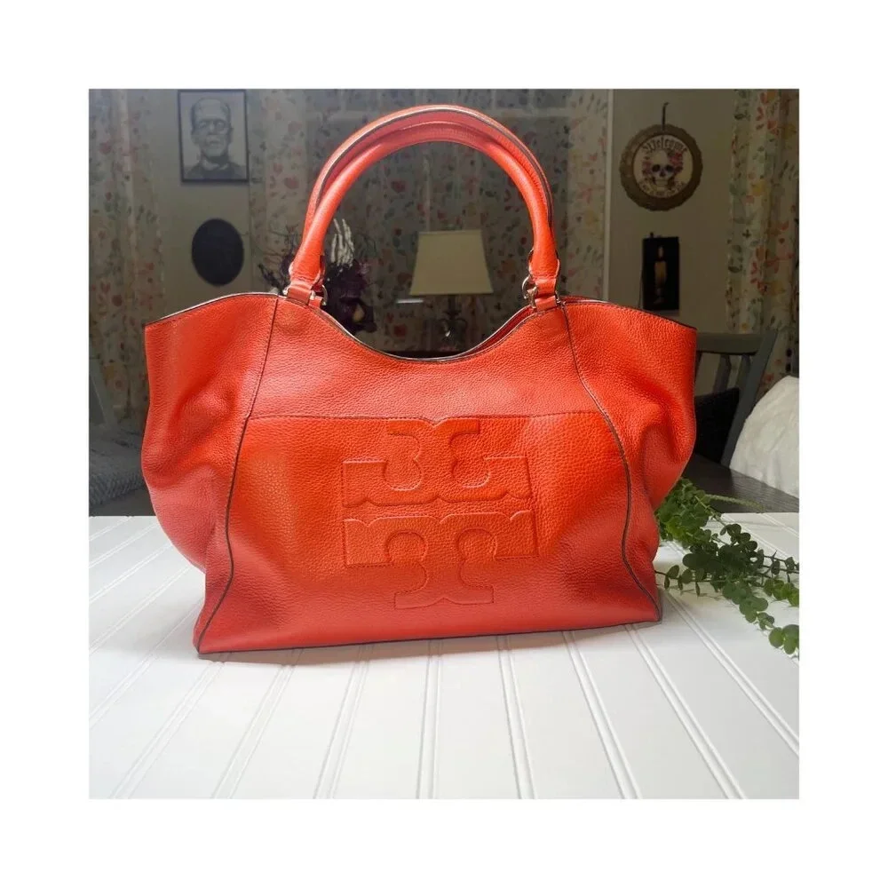 Tory Burch Red Pebble Leather Large Duel Handle Tote Bag